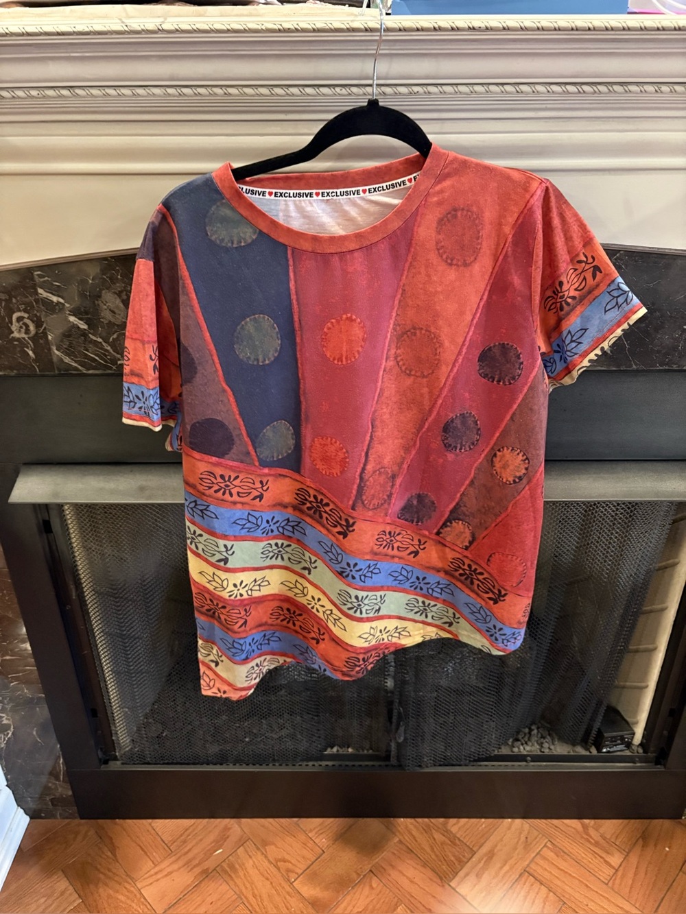 Women's Red Multi-Color Patterned Short Sleeve Top. Boho printed patchwork.